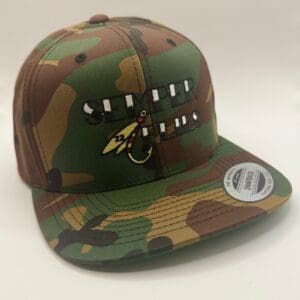 Camo-patterned baseball cap with a unique embroidered design on the front.