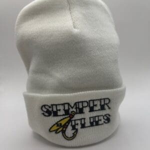 White beanie with Semper Fi Marines emblem embroidered.