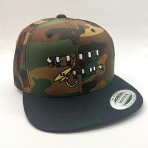 Camo snapback cap with a black brim and perforated front design.