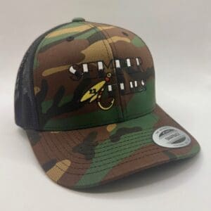 Camouflage baseball cap with a black mesh back and gold signature logo.