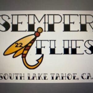 Logo with fishing hook and feather for Semper Flies, South Lake Tahoe.