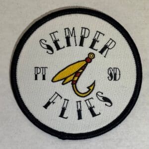 Embroidered patch with 'Semper Flies' and fishing fly design.