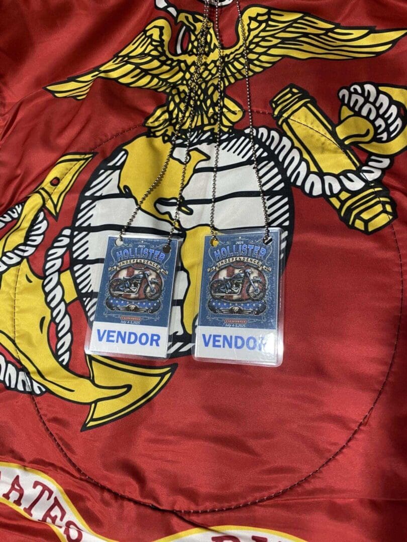 Vendor badges on Marine Corps emblem jacket.
